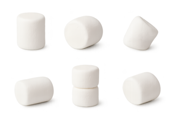 Marshmallow collection with fluffy white sweets in different angles, single pieces and stacked variations isolated on transparent background.