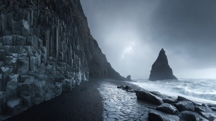Black Sand Beach with Basalt Columns and Sea Stack