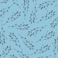 Watercolor seamless pattern with pussy willow branches on a blue background