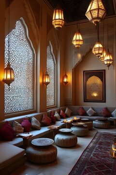AI image Majestic Middle Eastern Lounge with Ornate Lanterns and Arched Windows radiates luxury