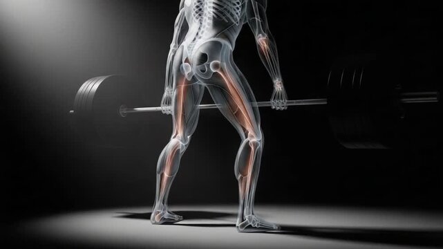 Dynamic 3D render illustrating human anatomy during a deadlift workout highlighting skeletal and muscle activity