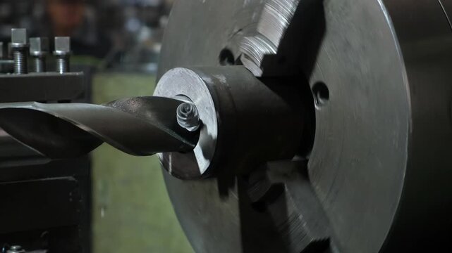 Close-up metal shavings which cutting off drilling detail on lathe machine. Metalworking metallurgical industry, automated machinery production manufacturing. Process of creating new metal parts.