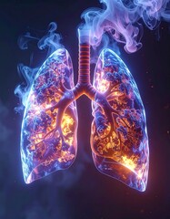 Lungs engulfed in smoke, glowing vibrant colors