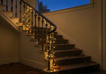 Grand Stairway with Festive Christmas Light Garland and Classic Architecture Interior

