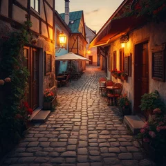 Fototapete Rund Enge Straßen A quaint village with cobblestone streets, colorful houses, and a cozy café.  © Gary