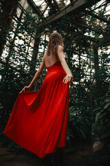 A woman in a long, flowing red dress stands with her back to the viewer inside a tropical greenhouse or hothouse. The scene is in a botanical garden or conservatory with natural light.