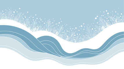 Abstract winter landscape with snow covered hills and stylized plants in a pastel color palette