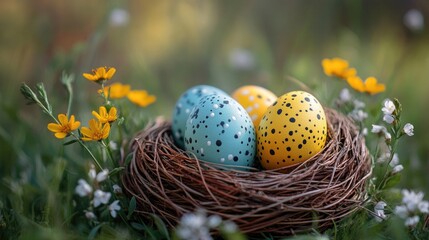 Vibrant Easter Nest with Decorated Eggs and Wildflowers, Ideal for Holiday Marketing and Seasonal Promotions