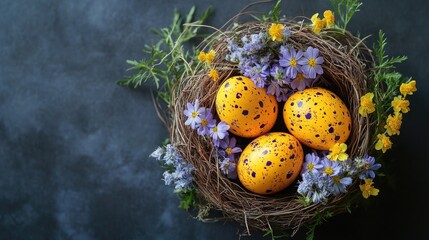 Vibrant Easter Nest with Decorated Eggs and Wildflowers, Ideal for Holiday Marketing and Seasonal Promotions