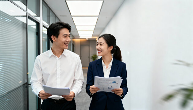 Successful young accountants walking and talking outdoors, business professionals discussing strategy, confident team collaboration, modern urban office environment, teamwork and networking concept