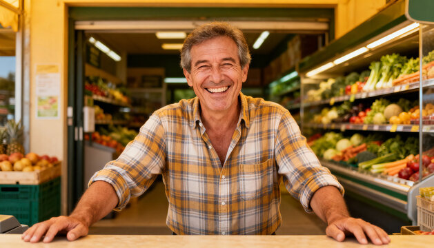 Successful mature male owner of a local grocery store smiling at the camera. Happy senior entrepreneur standing at his fruit and vegetable shop. Small business and fresh food concept.