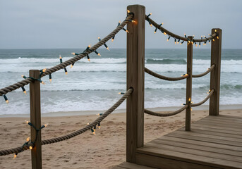 Obraz premium wooden beach boardwalk with rope railing and string lights overlooking ocean waves