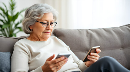 relaxed mature old 60s woman older middle aged female customer holding smartphone using mobile app texting message search ecommerce offers on cell phone technology device sitting on couch at home no