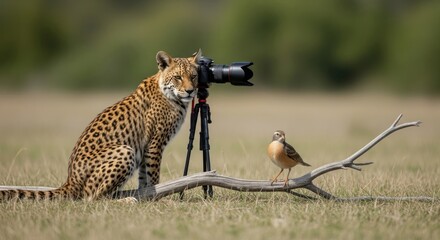 A cheetah sits behind a camera on a tripod, seemingly photographing a small bird perched on a branch in a grassy field.