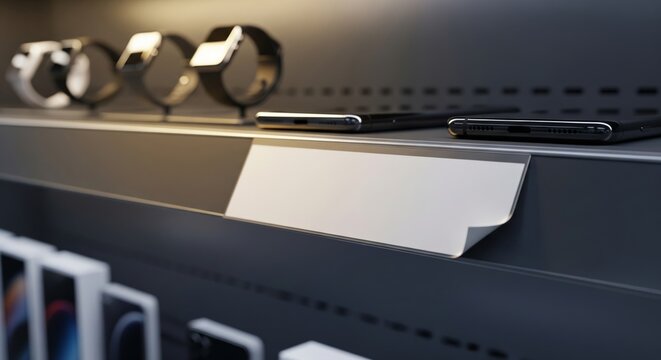 Blank Price Tag on Shelf in Electronics Store.