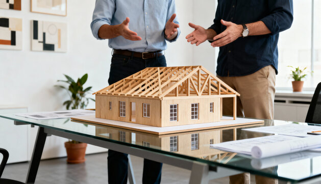 Two professional architects in a meeting discussing a new wooden house project. Team of engineers working on a building model with blueprints. Real estate development concept. - Powered by Adobe