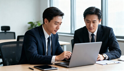 Obraz premium Two Asian businessmen collaborating in a modern office. Teamwork concept. Professional partners discuss strategy, analyzing data on a laptop. Corporate meeting and communication.