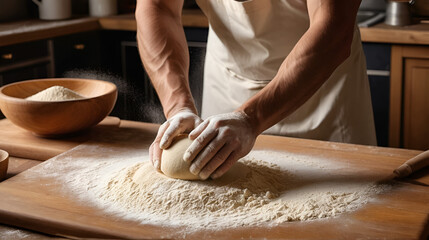 Artisan baker skillfully kneads dough on a wooden table, with flour dust in a warm kitchen setting