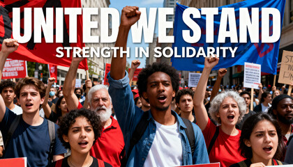 Diverse crowd of activists at a political protest. People marching for social justice, human rights, and equality. Concept of solidarity, unity, strength, and collective power.