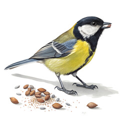 Great tit bird eating seeds illustration wildlife birdwatching avian species ornithology animal art design