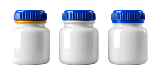 set of big white plastic jar for medicals with blue screw cap isolated