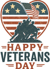 Veterans Day heart vector, patriotic flag tribute illustration, soldier silhouette graphic, vintage color design, honoring military service, American celebration art