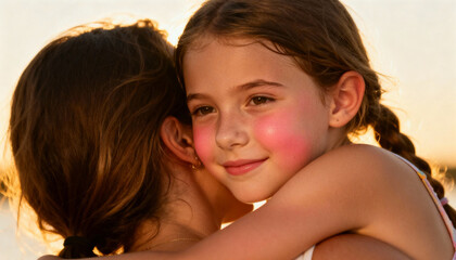 Tender moment mother hugging daughter with sunscreen on face. Family love, care concept. Mom, child embrace at sunset. Golden hour. Childhood happiness, skin protection.