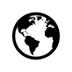 Black and white globe illustration showing Americas and Europe in simple design