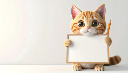 A cute ginger tabby cat character holding a blank empty sign with copy space, 3D illustration