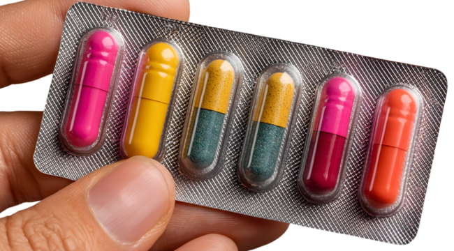 Hand holding pills in blister packs on a transparent background. Health care concept.