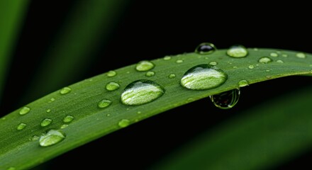 A macro photograph of several clear, glistening water droplets resting on a vibrant green blade of grass against a dark, blurred background.