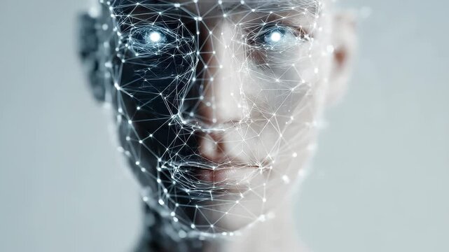 Innovative representation of artificial intelligence through a digitally constructed face with network patterns and glowing features