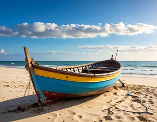Fototapeta premium Colorful fishing boat on a sandy beach under a partly cloudy sky