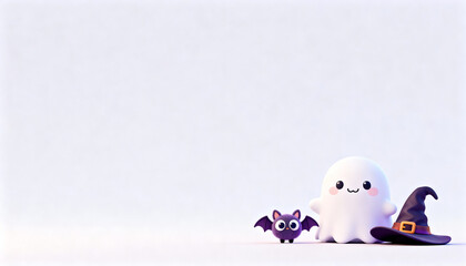 Minimal and playful Halloween-themed artwork featuring a smiling ghost, a cute wide-eyed bat, and a witch hat on a simple white background.
