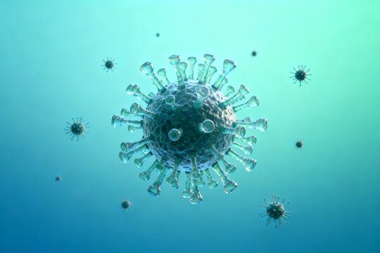 Microscopic view of a virus particle with spike proteins against a gradient blue background