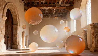 Abstract spheres floating in ancient architecture hall. Surreal art installation concept. Metaphor for magic, mystery, future tech vs history. Luminous orbs and bubbles in sun.