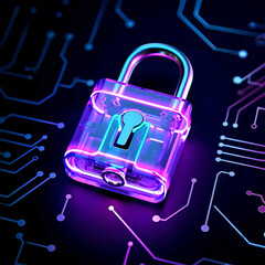 Transparent Padlock on Circuit Board with Purple and Blue Neon Illumination security isolated on a transparent background
