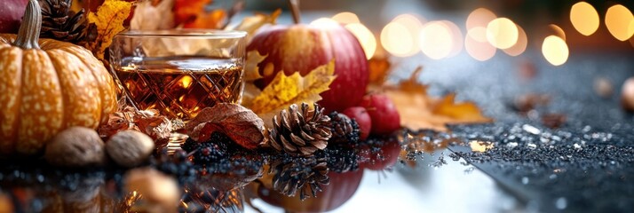 Autumn harvest table: pumpkins, pine cones, seasonal leaves, and glass of whiskey, festive Thanksgiving Day atmosphere