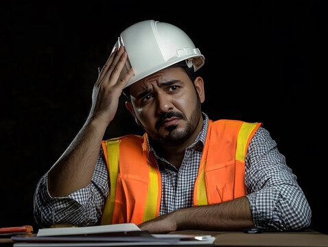 AI image Depicts Construction Worker Stressed Pondering Building Plans on Dark Backdrop Hardhat