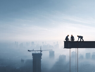 Obraz premium Workers constructing a skyscraper against a misty cityscape. Symbolizing progress, teamwork, and ambition. Ideal for business, engineering, and real estate.