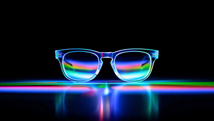 Clear eyeglasses with rainbow light reflections isolated on a transparent background