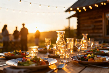 Outdoor dinner table set with plates, glasses, and candles at sunset, with people in the background near a wooden cabin.