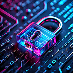Transparent Padlock Symbol on Circuit Board with Neon Blue and Pink Glow security isolated on a transparent background