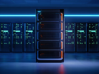 Rows of server racks with glowing lights in a dark data center with blue ambient lighting isolated on a transparent background