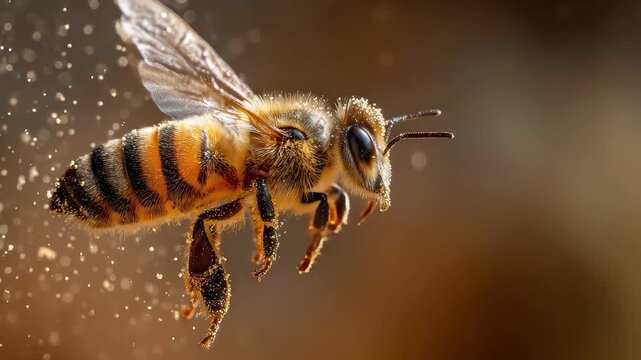Honeybee in flight collecting pollen from nearby flowers during a sunny afternoon, showcasing its delicate wings and furry body covered in golden dust