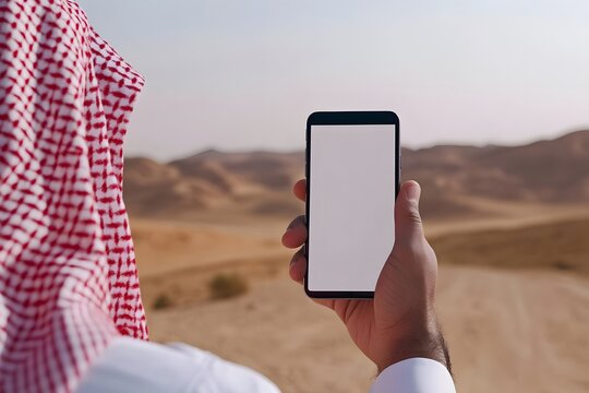 AI image. Man in traditional Middle Eastern attire holds phone in desert landscape, blank screen