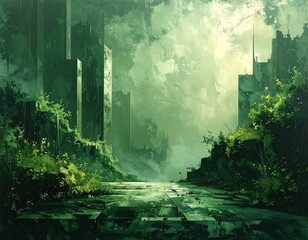 Lush overgrown city pathway