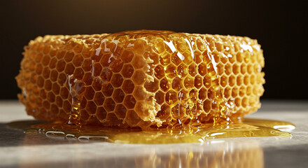 Honeycomb dripping honey, macro close-up