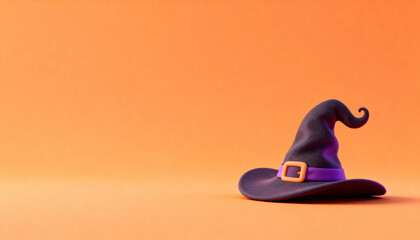 Minimal kawaii Halloween illustration featuring a black witch hat with a purple band and orange buckle. Set against a solid bright orange background.