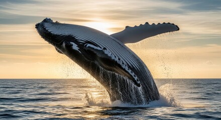 Fototapeta premium A humpback whale breaches the ocean surface, its body arching against a golden sunset sky, creating a splash of water.